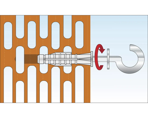 Illustratie van een plug met haakschroef in een geperforeerde steen