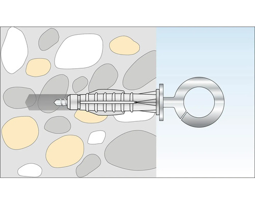 Illustratie van een zware plug met ringschroef in een stenen muur