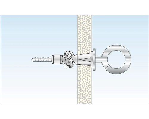 Bevestiging van een hollewandplug met ringschroef in een wand.