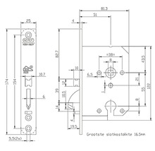 Technische tekening van een deurslot met afmetingen