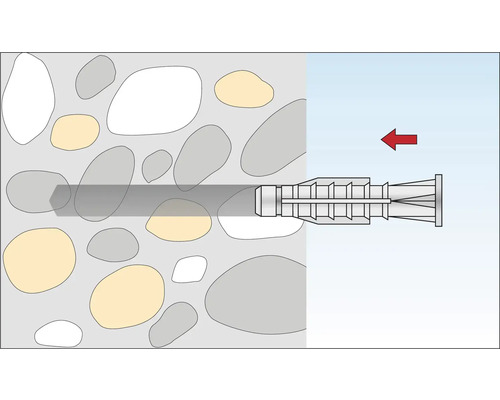 Illustratie van een plugbevestiging in een stenen muur met een rode pijl die de invoerrichting aangeeft.