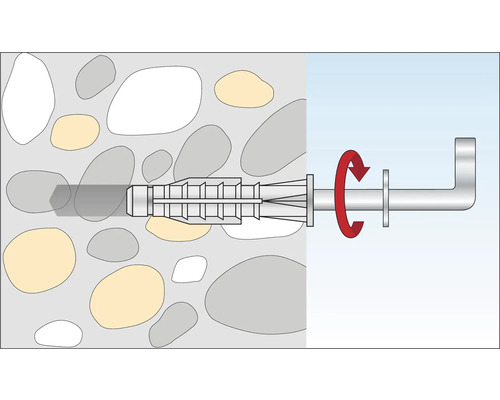 Illustratie van een plugbevestiging in een muur met draaibeweging.