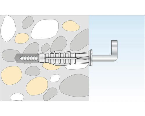 Illustratie van een plugbevestiging in een stenen muur met een haak