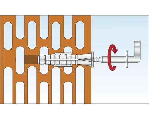 Illustratie van een hollewandplug in een geperforeerde steen met draaiende bankschroef