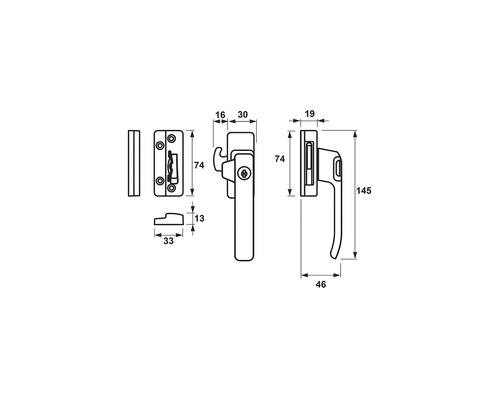 Technische tekening van een raamkruk met maatvoering.