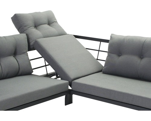 Detailweergave van een loungeset met grijze kussens en verstelbare rugleuning