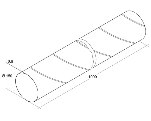Technische tekening van een buis met de afmetingen diameter 150 millimeter, dikte 0,6 millimeter en lengte 1000 millimeter