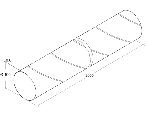 Afbeelding van een ventilatiekanaal met de afmetingen 100 millimeter diameter, 0,6 millimeter wanddikte en 2000 millimeter lengte