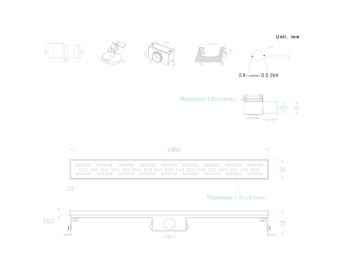 Technische tekening van een douchegoot met afmetingen