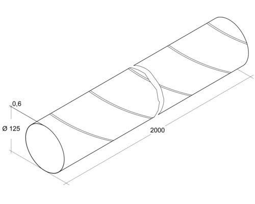Illustratie van een spiralietbuis met afmetingen 125 millimeter diameter en 2000 millimeter lengte