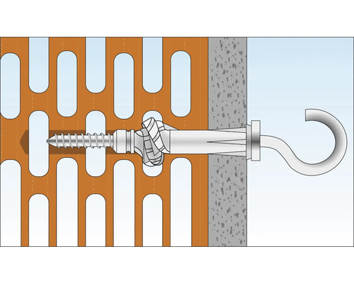 Illustratie van een hollewandplug met schroefhaak in een muur.