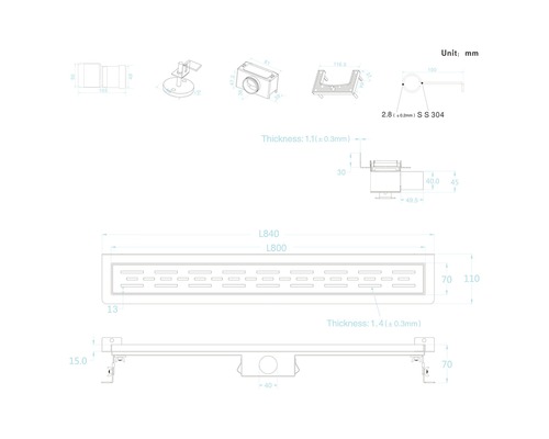 Technische tekening van een douchegoot met maatvoering.