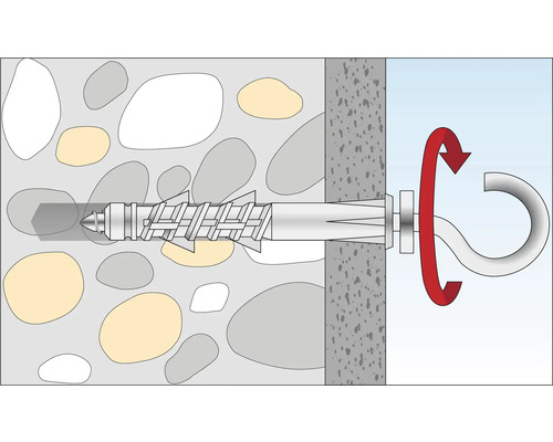 Illustratie van een schroef met haakbevestiging in een betonnen muur.