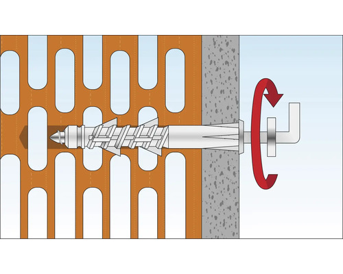 Illustratie van een schroefanker in een geperforeerde gevel en een betonnen muur met draaibeweging