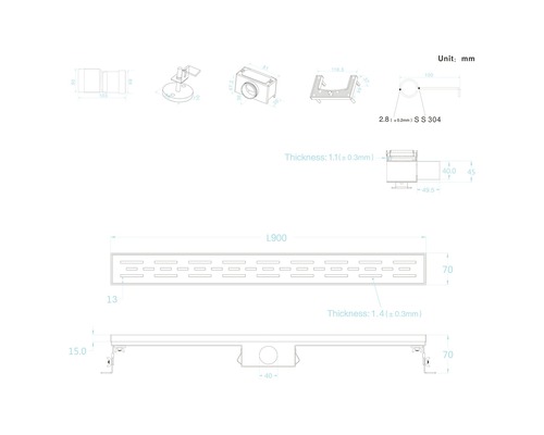 Technische tekening van een douchegoot met afmetingen en details