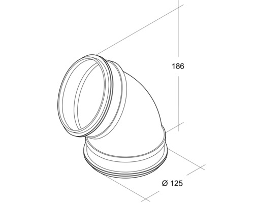 Pijpbocht met een diameter van 125 mm en een hoogte van 186 mm