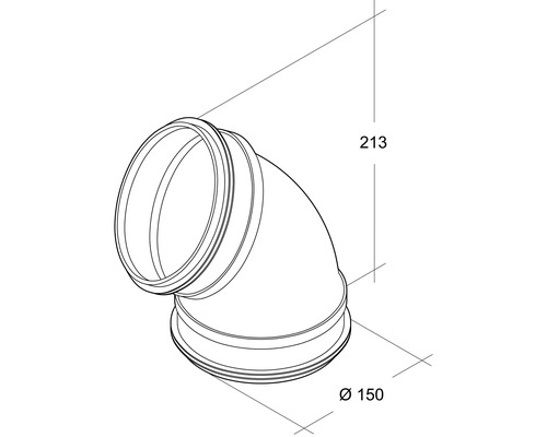 Pijpbocht met afmetingen 150 en 213 millimeter.