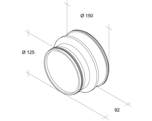 Technische tekening van een buisverbindingsstuk met diameters van 125 millimeter en 150 millimeter en een lengte van 92 millimeter.