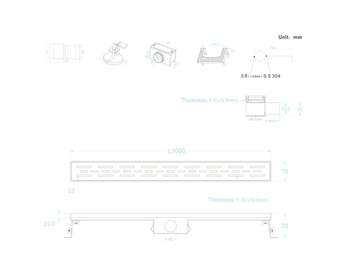 Technische tekening van een douchegoot met maatvoering
