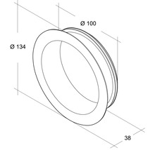 Technische tekening van een rozet met diameters van 100 millimeter en 134 millimeter en een diepte van 38 millimeter.