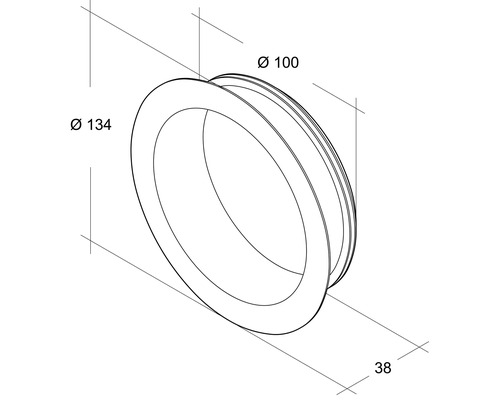 Technische tekening van een rozet met diameters van 100 millimeter en 134 millimeter en een diepte van 38 millimeter.