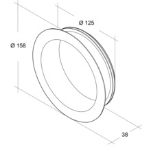 Technische tekening van een ring met diameters van 158 en 125 millimeter en een breedte van 38 millimeter.
