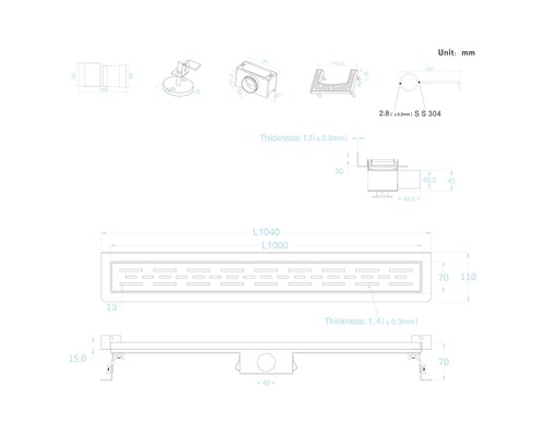 Technische tekening van een douchegoot met afmetingen en details