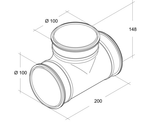 T-stuk met de afmetingen diameter 100, 148 en 200