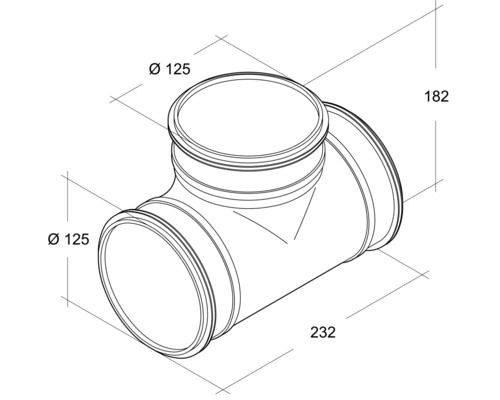 Technische tekening van een T-stuk met de afmetingen diameter 125, 182 en 232.