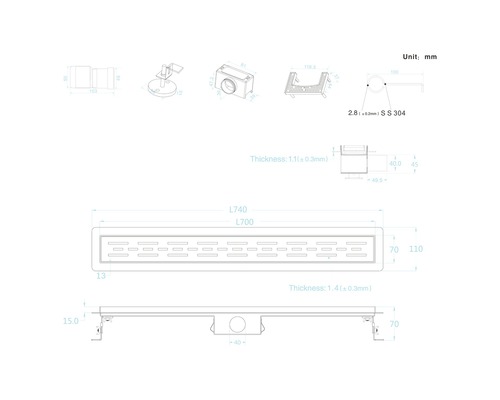 Technische tekening van een douchegoot met afmetingen