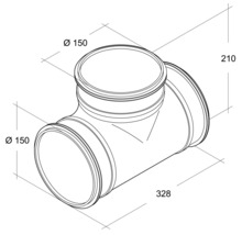 Technische tekening van een T-stuk met een diameter van 150 millimeter en afmetingen van 210 x 328 millimeter.