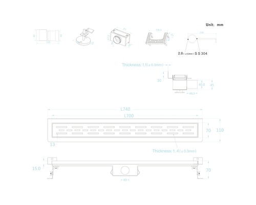 Technische tekening van een douchegoot met afmetingen.