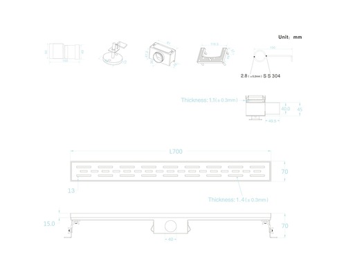 Technische tekening van een douchegoot met afmetingen.