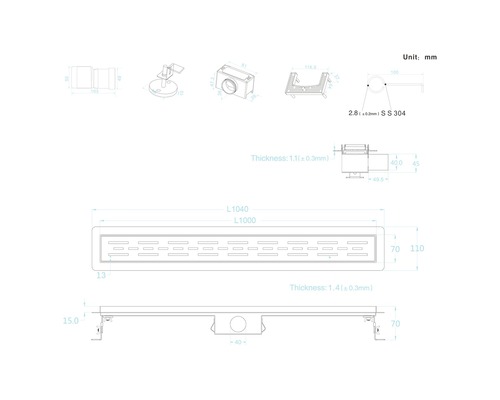 Technische tekening van een douchegoot met afmetingen