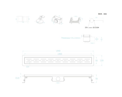 Technische tekening van een vloerafvoer met maatvoering