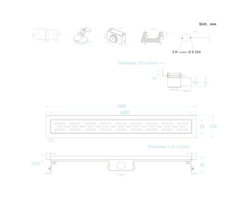 Technische tekening van een douchegoot met afmetingen en details.
