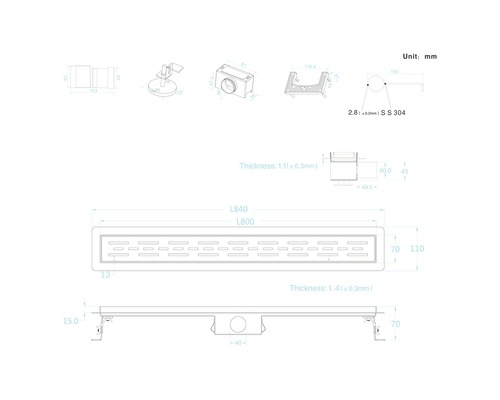 Technische tekening van een douchegoot met afmetingen