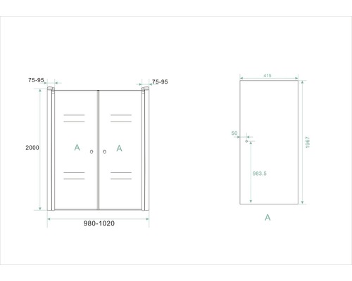 Technische tekening van een douchecabine met afmetingen