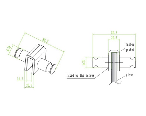 Technische tekening van een glashouder met afmetingen