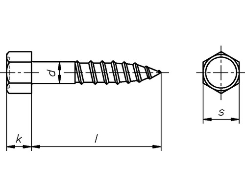 Technische tekening van een houtschroef met zeskantkop en afmetingen