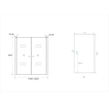 Technische tekening van een douchedeur met maatvoering