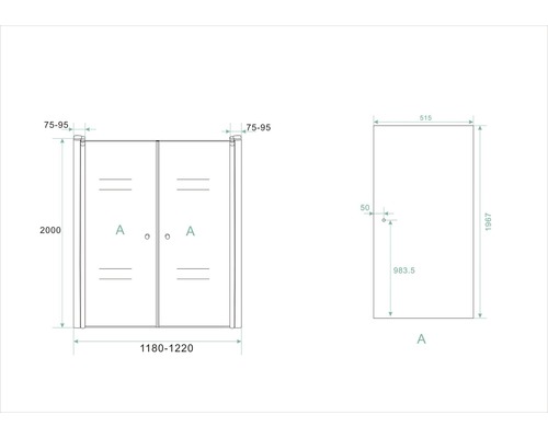 Technische tekening van een douchedeur met maatvoering