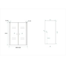 Technische tekening van een douchecabine met afmetingen.