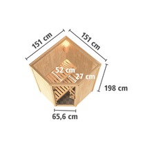 Bovenaanzicht van een hoeksauna met afmetingen van 151 bij 151 bij 198 bij 65,6 centimeter