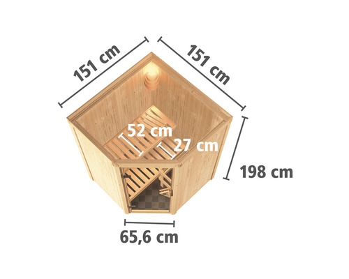 Bovenaanzicht van een hoeksauna met afmetingen van 151 bij 151 bij 198 bij 65,6 centimeter