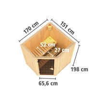 Sauna met afmetingen van 170 centimeter maal 151 centimeter maal 198 centimeter en een deurbreedte van 65,6 centimeter.