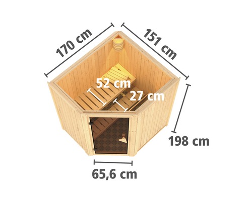 Sauna met afmetingen van 170 centimeter maal 151 centimeter maal 198 centimeter en een deurbreedte van 65,6 centimeter.