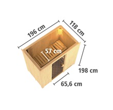 Sauna met de afmetingen 196 cm lang, 118 cm breed en 198 cm hoog.