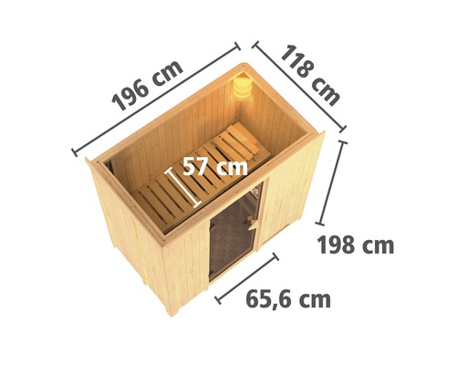 Sauna met de afmetingen 196 cm lang, 118 cm breed en 198 cm hoog.