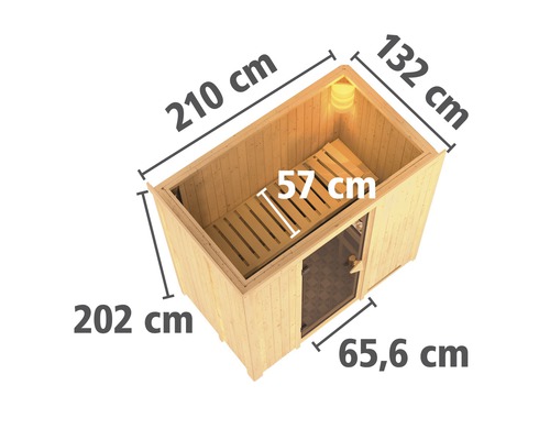 Afbeelding van een sauna met de afmetingen 210 cm lang, 132 cm breed en 202 cm hoog
